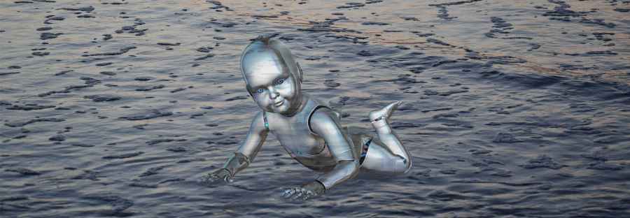 A transparent, dream-like android baby crawls across an oil slicked beach just after sunset.